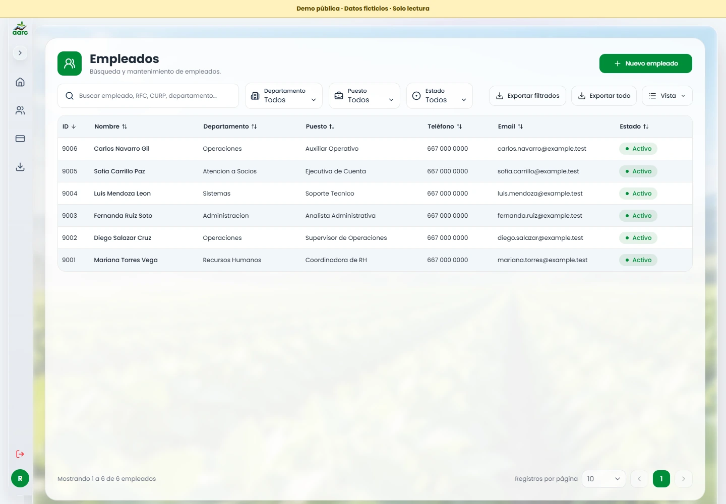 Lista de seis empleados ficticios en la demo pública de AARC.